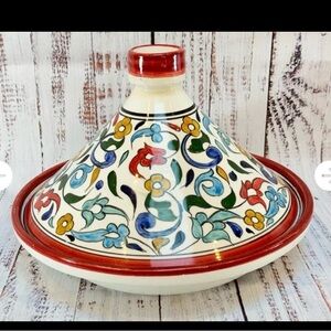 Signed “Art Naji” Tagine, Hand-Painted Vibrant Floral design Red Trim-Glossy